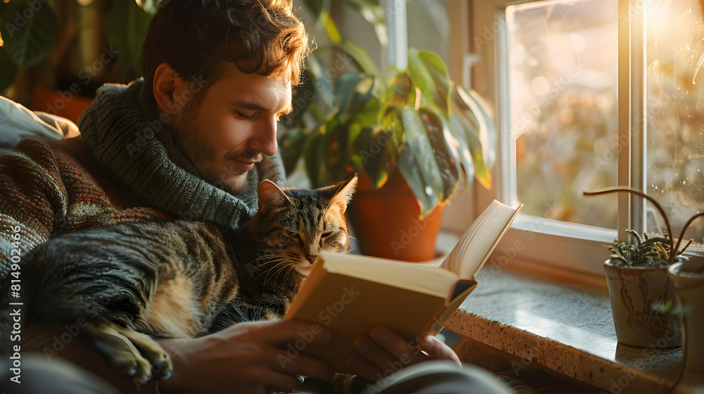 A Joyful Moment: Man with Autism Reading Book with Cat Emotional Connection and Comfort in Companionship A Joyful Moment: Man with Autism Reading Book with Cat Emotional Connection and Comfort in Companionship