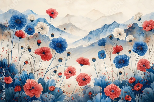Illustration of  watercolor illustration featuring blue, red and white flowers