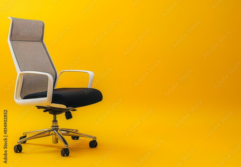 Photo of a white office chair with a black fabric seat and back on a yellow background, in a closeup view Photo of a white office chair with a black fabric seat and back on a yellow background, in a closeup view