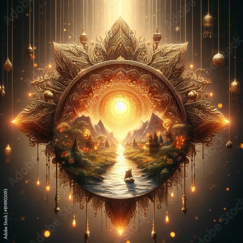 A artwork of a river and mountains