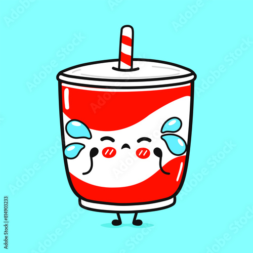 Crying Cold drink character. Vector hand drawn cartoon kawaii character illustration icon. Isolated on blue background. Sad Cold drink character concept