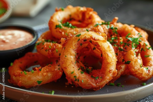 A shot of crispy beer-battered onion rings served with dipping sauce photo