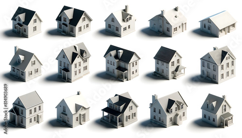 Collection d'icones en 3d de maisons, ideal pour article, présentation, ou blog pour architectes, agents immobiliers, marché immobilier, assureurs, banquiers, constructeurs