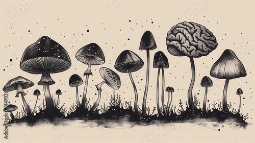 A black and white drawing featuring mushrooms and brains intricately intertwined, showcasing the delicate connection between nature and the human mind photo