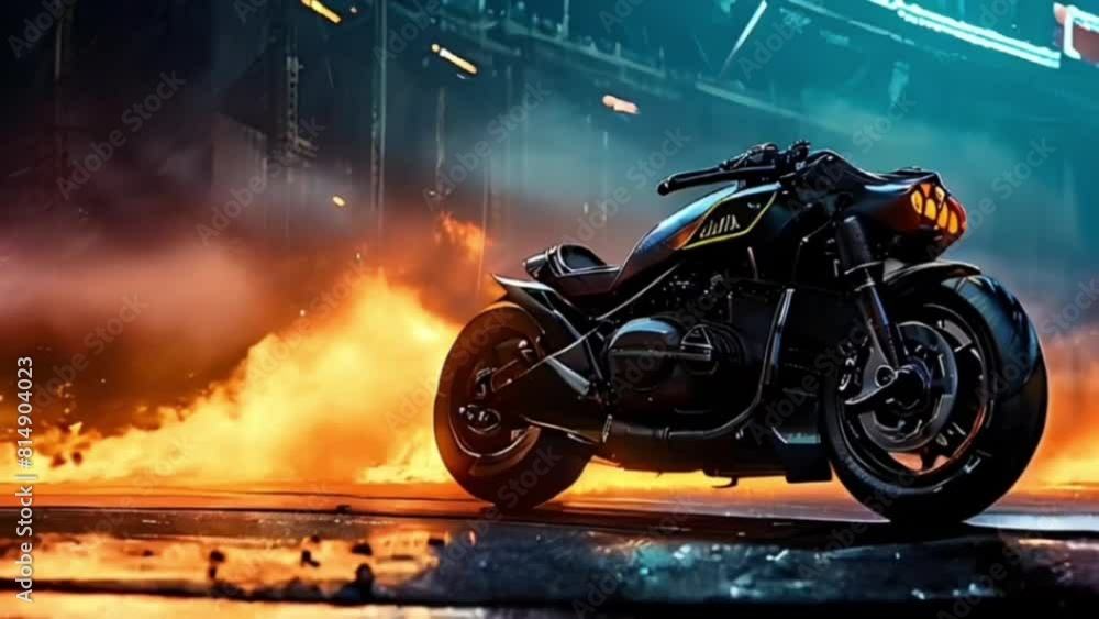 Big motorbike emerging dramatically with a burning fire in the background, evoking a sense of power and intensity