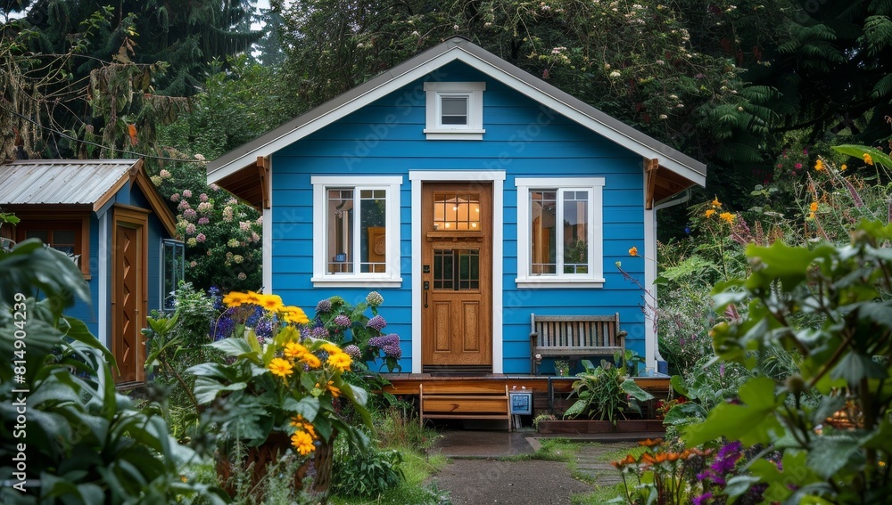 Obraz premium Small, bright blue tiny house with white trim and a wooden front door stands in the center.