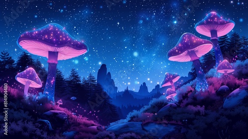 Purple mushrooms illuminate a forest under a starry sky