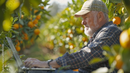 Senior farmer using laptop in an orange orchard, managing the agricultural business digitally amidst thriving citrus trees.