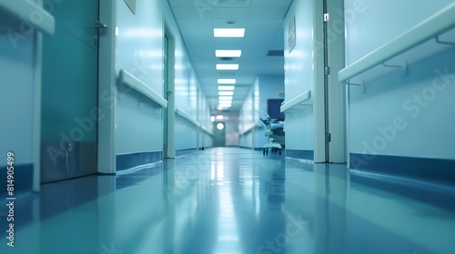 Blurred Silhouettes in a Bright Hospital Corridor with Tiled Floors and Doors