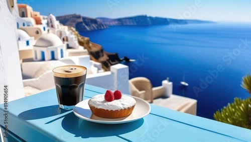 Traditional Greek coffee on the balcony with a beautiful Greek Mediterranean city in the background, A cup of coffee or tea on a blurred background of the evening Greek seascape photo