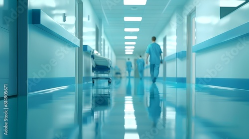 Blurred Silhouettes in a Pristine Hospital Corridor with Reflective Floor Tiles © pkproject