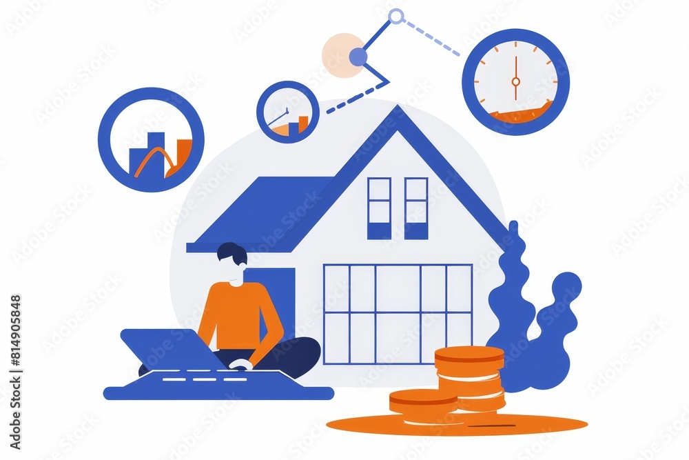 Flat vector icon design of a real estate web site, showing a person sitting on the ground with a calculator and house Flat vector icon design of a real estate web site, showing a person sitting on the ground with a calculator and house