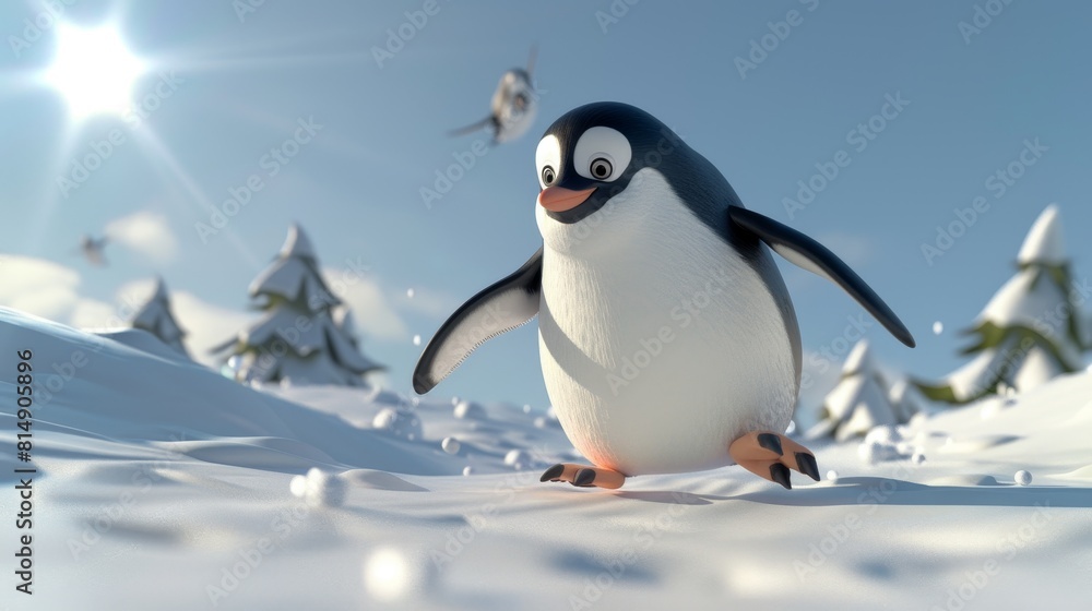 Obraz premium Whimsical 3D depiction of an overweight penguin sliding down a snowy slope, its flippers spread wide for balance, under a bright winter sky