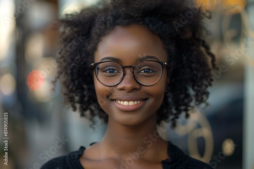 Featuring a portrait of african american woman in glasses smiling for camera © Quan