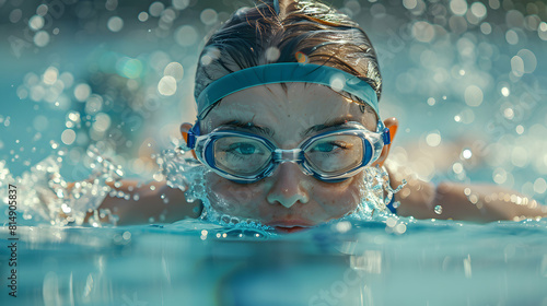 Photo realistic as Girl with Down syndrome swimming in a relay race concept as A girl with Down syndrome enthusiastically participating in a relay race highlighting her determinati photo