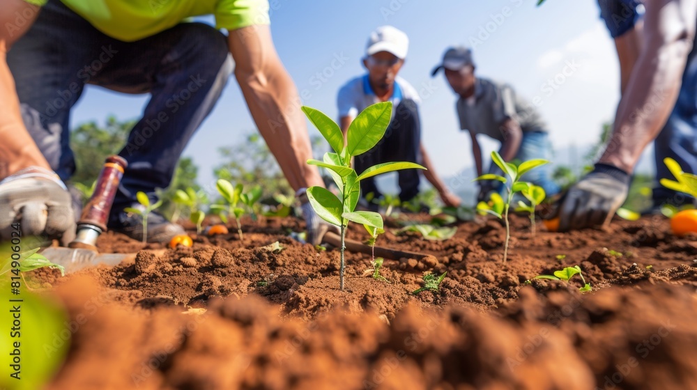 Group of people planting young trees in soil, engaging in reforestation and environmental conservation, under sunny blue sky. Group of people planting young trees in soil, engaging in reforestation and environmental conservation, under sunny blue sky.