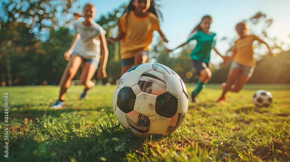 Photo realistic concept: Teen with ADHD joyfully playing soccer with friends, highlighting inclusion, teamwork, and benefits of physical activity. Copy space with high quality deta