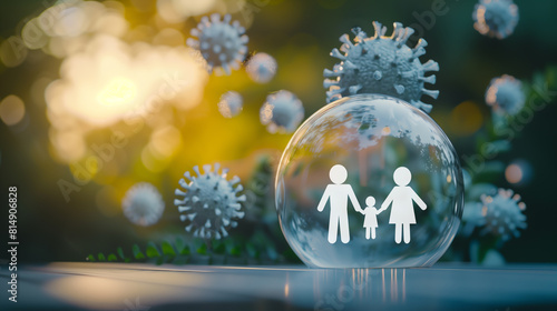 A family depicted within a bubble surrounded by floating coronavirus. concept of familial safety and health during a pandemic.