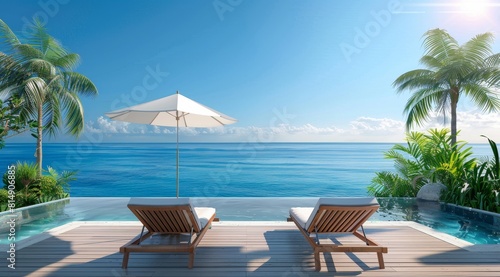 Beautiful view of the ocean from an infinity pool deck with two wooden sunbeds and umbrella
