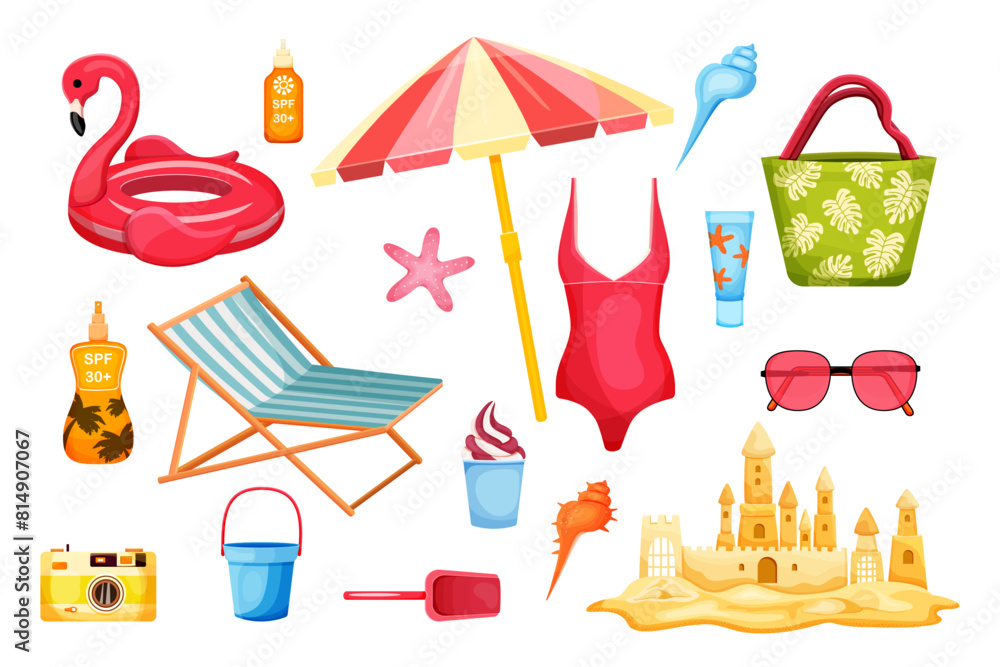 Midsummer set in trendy card style. Sand castle, sun umbrella, swimsuit, camera, sunscreen, beach bag, glasses, ice cream shells. Vector illustration. Collections template for design. Midsummer set in trendy card style. Sand castle, sun umbrella, swimsuit, camera, sunscreen, beach bag, glasses, ice cream shells. Vector illustration. Collections template for design.