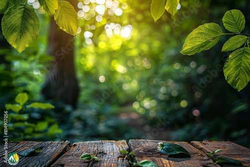 Beautiful wooden wooden table with forest green leafy background, photo