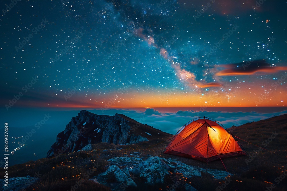 Depicting a  camp tent with stars in the sky over a mountain