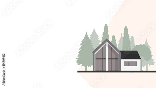 Illustration of Modern House in Barn Style in the Forest with White Facade, Large Panoramic Windows on Horizontal White Background and Place for Text. Vector