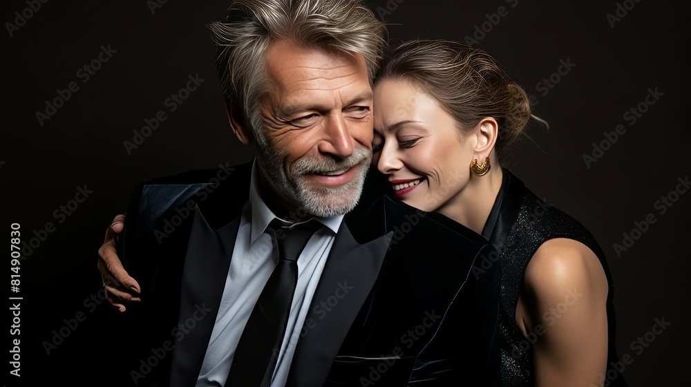 Joyful mature couple playfully posing together while dating and flirting happily