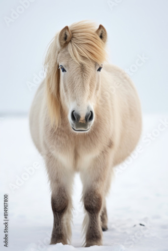 white Icelandic horse in white snowy background