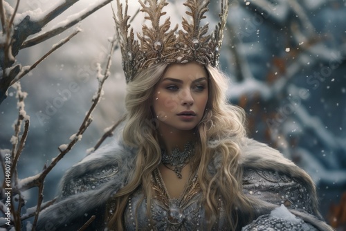 Enigmatic winter queen adorned with a crown poses in a mystical snow-covered forest photo