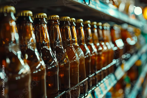 Beer bottles on a shelf in a store.