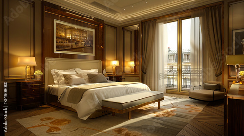 A bedroom with a large bed and a view of the city.