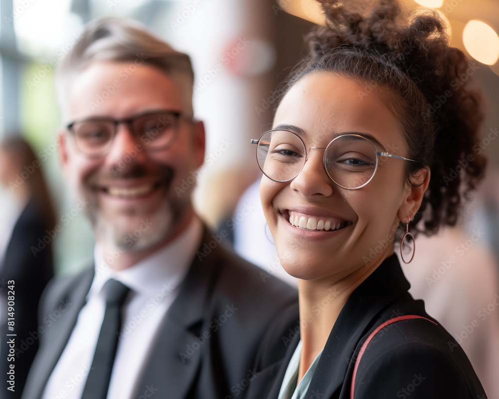 Confident Professionals Businesswoman and Colleague Smiling at a Corporate Event Confident Professionals Businesswoman and Colleague Smiling at a Corporate Event