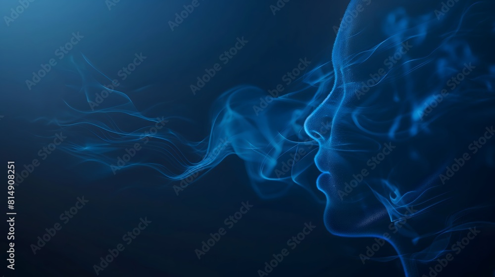 Fototapeta premium A blue background with a person's face and smoke coming out of their mouth
