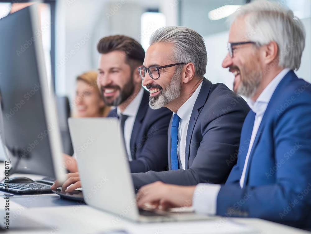 Group of age old Professionals wearing suit formally Laugh While Working in the Office together Group of age old Professionals wearing suit formally Laugh While Working in the Office together
