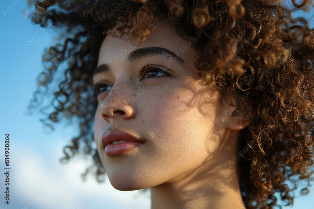 A young woman with curly hair looking at something