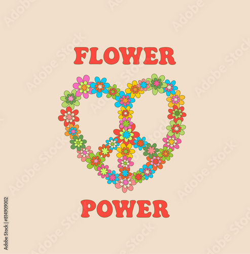Hippy sign with hippie flowers - daisies. Colorful flower power retro print for 70s 60s groovy poster or card, t-shirt, bag design