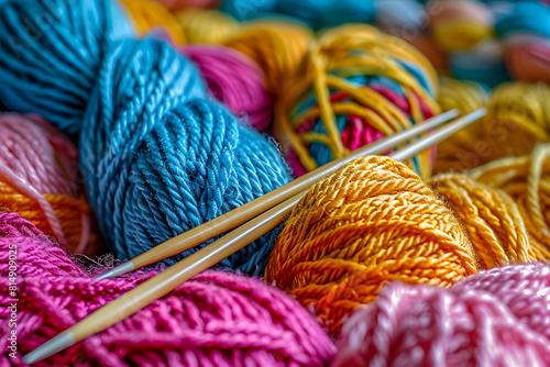 a collection of colorful yarn and knitting needles, perfect for depicting crafting, DIY projects, and creativity 