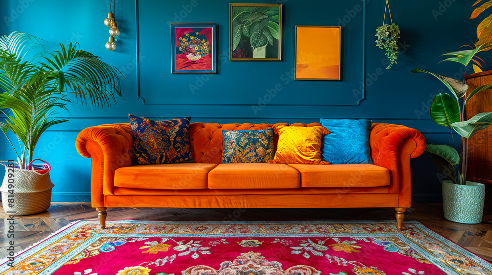 Obraz premium A colorful couch in a room with blue walls.