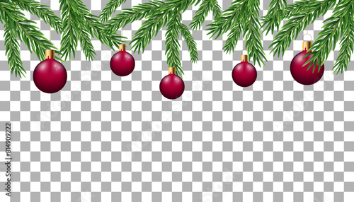 Border with green fir branches,  isolated on transparent background. Pine, xmas evergreen plants  Vector Christmas tree garland decoration