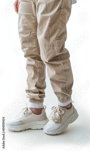 A person wearing white sneakers and beige pants.