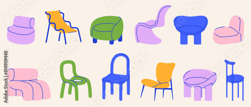 Danish design chairs vector flat illustration set. Midcentury style interior armchairs. Scandinavian couch for room