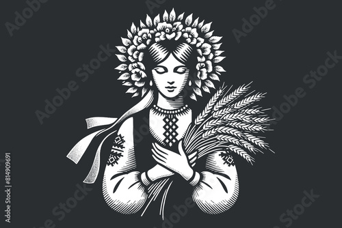 Beautiful Slavic Ukrainian young woman wearing a wreath with ears of wheat. Black on white. Engraving vector illustration, emblem, logo