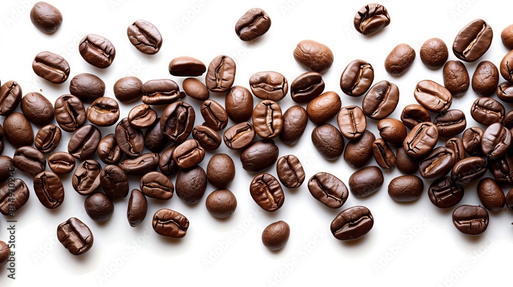 A line of coffee beans arranged neatly on a plain white surface A line of coffee beans arranged neatly on a plain white surface