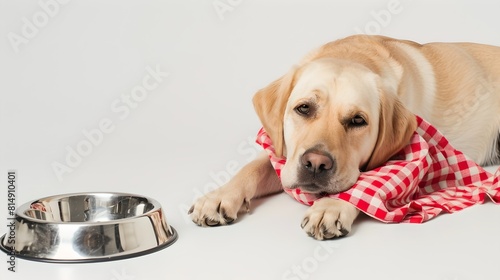 Relaxed Labrador Retriever laying down next to an empty bowl. Pet waiting patiently for mealtime. Ideal for pet care and lifestyle themes. AI