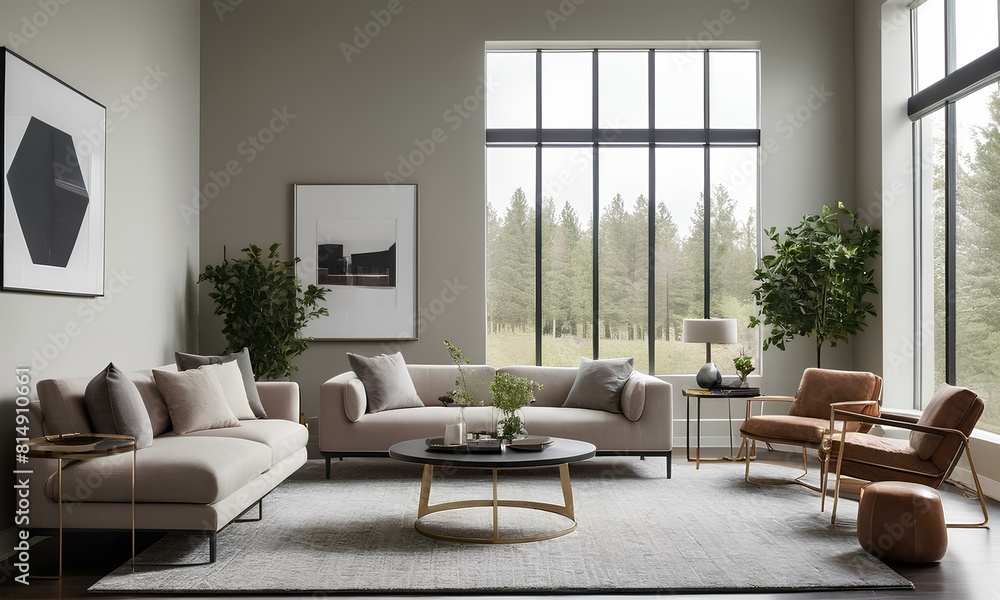 Fototapeta premium Chic Minimalist Living Room: Spacious Area with Neutral Tones, Low-Profile Sofa, and Stylish Accents