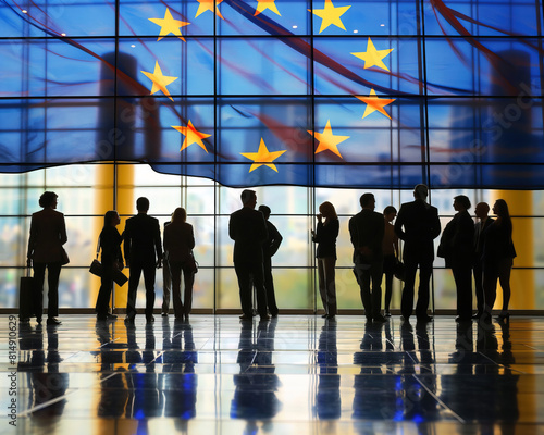 Silhouettes of business people with big EU Flag and big window in the background.