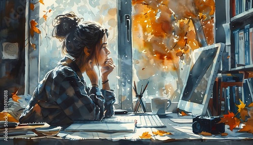 A young woman sits at her desk, looking out the window at the autumn leaves falling