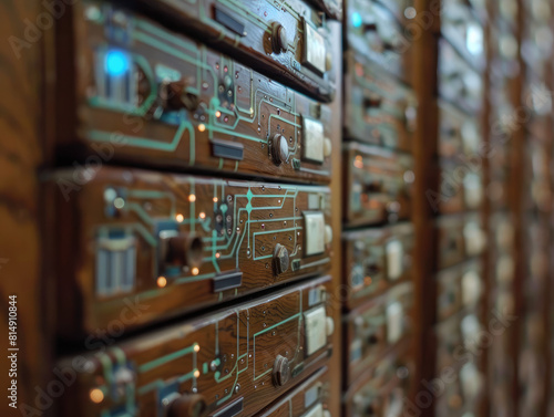 Shallow DOF vintage oak cabinets with embedded printed circuits