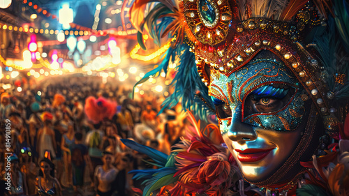 close up of a carnival mask, close up of a carnival scene in the brazil, face with carnival mask, colored faces © Gegham